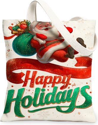 Generic Holiday Santa Canvas Tote Bags, Merry Christmas Festive Design Reusable Shopping Bags, Vintage Lightweight Washable Shoulde, White, 13x15 Inch