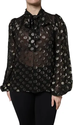 Dolce & Gabbana Womens Black Sheer Tied Neck Polka Dots Blouse Top Gold Silk Metallized Fiber