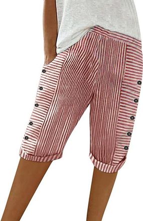 Generic Womens Cotton Linen Shorts Striped High Waisted Drawstring Knee Length Bermuda Short Summer Casual Loose Capris Pant Cropped Trousers Lounge Bottoms B