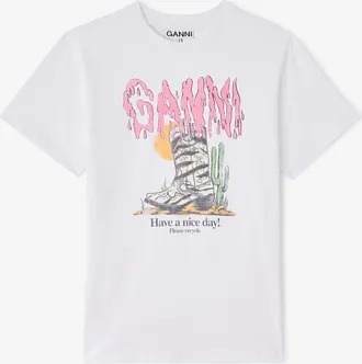 Ganni White T-shirt with Zebra Western Boot - Size XXS Organic Cotton