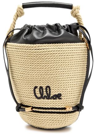 Chlo&eacute; Logo-embroidered Leather and Raffia Bucket bag - Black And White - One Size