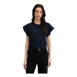 Twinset Tops, Dames, Blauw, M, Katoen, T-shirt met kapmouwtjes en geborduurd logo