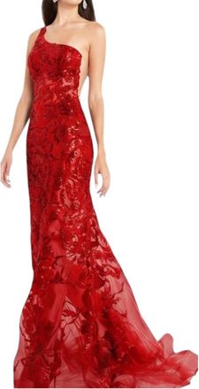 Jovani One Shoulder Embellished Evening Gown In Red