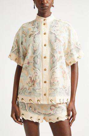 Zimmermann Rebellion Rope Trim Linen Button-Up Shirt in Treasure Map at Nordstrom, Size 0P
