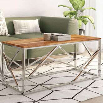 vidaXL Mesa De Centro Acero Inoxidable Plateado Y Madera Maciza Acacia Vidaxl