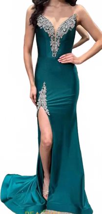 Portia & Scarlett Strapless Gown With Crystals Along The Trim Of The Bodice In Emerald