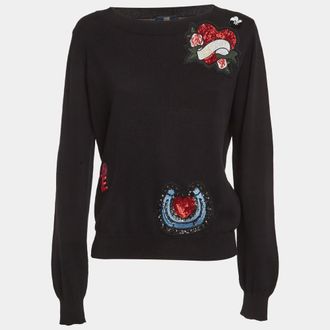 Roberto Cavalli Cavalli Class Black Cotton Knit Embroidered Patch Detail Jumper