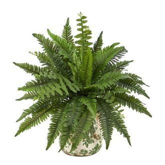 Nearly Natural 15-in Boston Fern Artificial Plant with Tuscan Ceramic Green Scroll Planter at Nordstrom