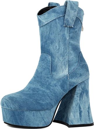 Generic Womens Washed Denim Platform Ankle Boots Chunky Flared Heel Side Zipper Comfortable Fit Non-Slip Wear-Resistant Sole for Street Date Casual,Blue,2.5 U
