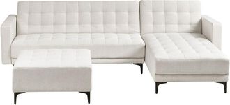 Beliani Left Hand Corner Sofa Bed Off White Fabric Tufted Modern L-Shaped Modular 4 Seater with Ottoman Chaise Longue ABERDEEN