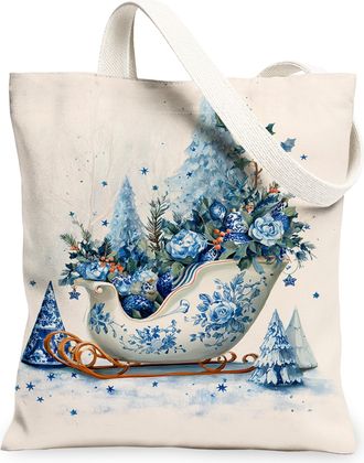 Generic Winter Floral Canvas Tote Bags, Vintage Blue Flower Design Reusable Grocery Bags, Lightweight Washable Shoulder Strap, Blue, 13x15 Inch