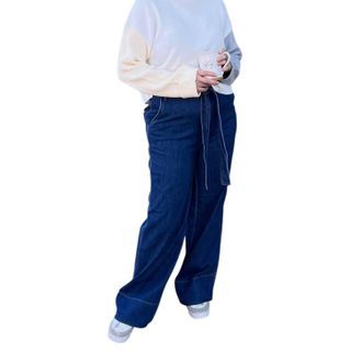 OAT New Yor Belted High Rise Wide Leg Jeans In Blue