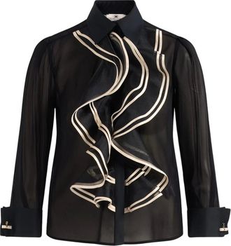 Elisabetta Franchi Overhemden, Dames, Zwart, XL, Satijn, Georgette Ruffle Shirt