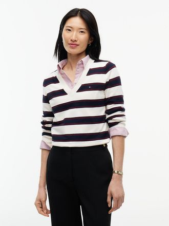 Tommy Hilfiger Womens Lightweight Striped V-Neck Sweater - Cream - XXL