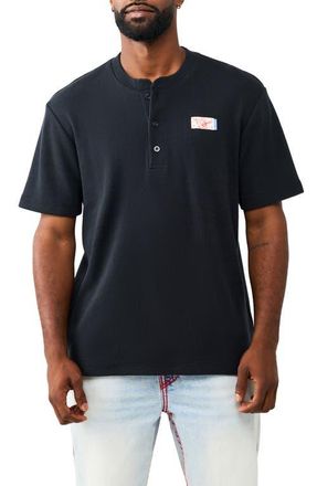 True Religion Buddha Cotton Graphic Henley in Jet Black at Nordstrom, Size Xxx-Large
