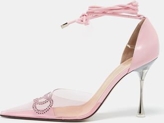 Mach & Mach Pink Leather And Pvc Crystal Embellished Bow Ankle Wrap Sandals