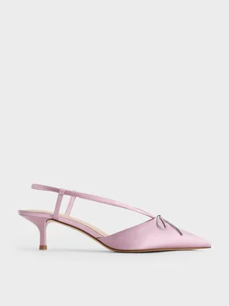 Charles & Keith Crystal-Bow Kitten-Heel Slingback Pumps