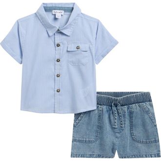 Splendid Beach Button-Up Shirt & Shorts Set in Navy Stripe at Nordstrom, Size 18-24M