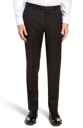 BOSS Lenon CYL Flat Front Straight Leg Solid Wool Dress Pants in Black at Nordstrom, Size 34R