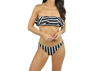 Milly Stripe Ruffle Bandeau Bikini Top In Black/ivory