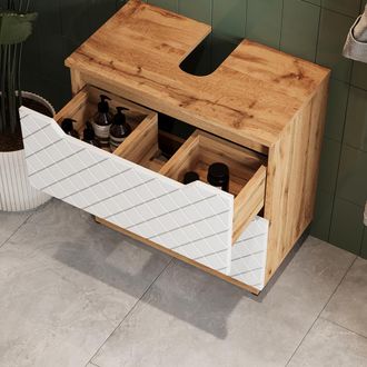 Vicco Mueble Bajo Lavabo Lotta, Roble/blanco Con Estructura De Azulejos, 59.8 X 62.5 Cm Con 2 Cajones, Vicco