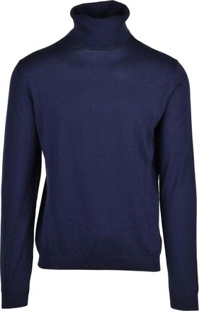 Alpha Studio Navy Blue Cotton Silk Sweater With High Turtleneck And Ribbed Details
