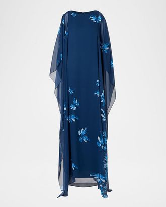 Akris Butterfly-Print Silk Georgette Caftan Gown
