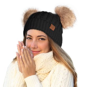 C.C Hatsandscarf Exclusives Cable Knit Double Pom Winter Beanie (HAT-2055)(HAT-23), Black-natural Pom, M