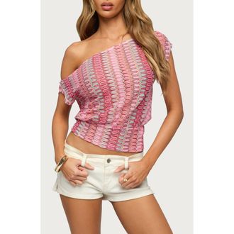Edikted Taniya Off the Shoulder Zigzag Knit Crop Top in Pink at Nordstrom, Size X-Small