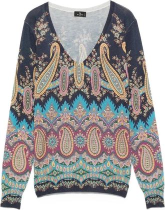 Etro Paisley V-hals Trui - Dames - V-hals truien - Veelkleurig - M - Kasjmier - Truien & Vesten
