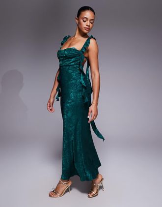 Ra-Re London - Vestito lungo in raso verde smeraldo jacquard con bustino in pizzo e volant