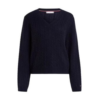 Tommy Hilfiger Gedraaide V-hals Gebreide Trui - Dames - V-hals truien - Blauw - XS - Wol - Truien & Vesten
