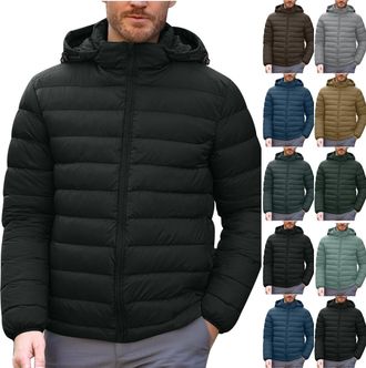 Generic Mens Puffy Jacket Winter Warm Quilted Coat Soft Insulated Hooded Overcoat Waterproof Padded Thermal Jackets Solid Puffer Coats for Hiking Traveling Ca