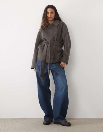 Asos trench corto con cintura bassa e lana grigio marrone