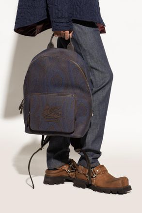 Etro Patterned Backpack With Logo, Mens, Navy Blue