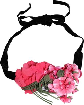Dolce & Gabbana Womens Multicolor Floral Applique Detail Tie Belt Black Nylon