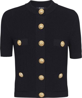 Balmain embossed-button short-sleeve cardigan - women - Polyester/Viscose - 38 - Black