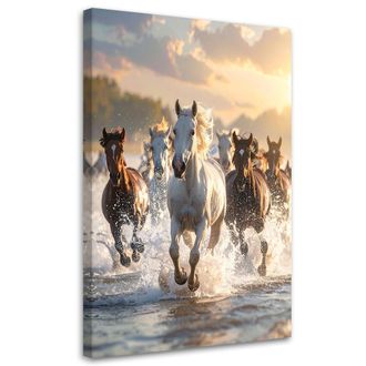 Feeby Cuadro En Lienzo, Caballos Galopando En El Agua Naturaleza, 70x100
