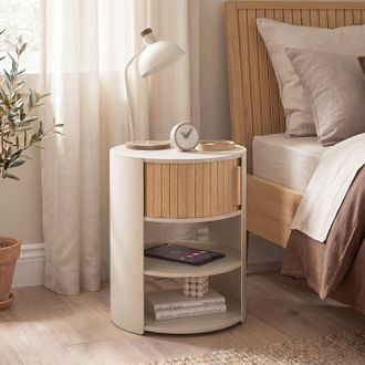 IDMarket Lote De 2 Mesitas De Noche Redondas Tono En Color Beige Con 1 Puerta Corredera Con Efecto De Listones, Mesita Auxiliar