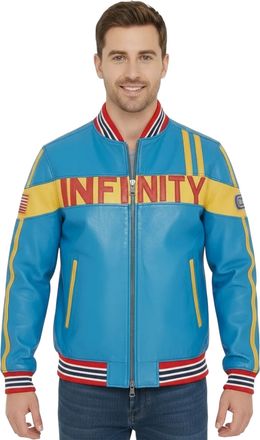 Infinity Leather Mens Blue Track Racing Moto Bomber Biker Jacket - Racer Lamb Leather - Size X-Small