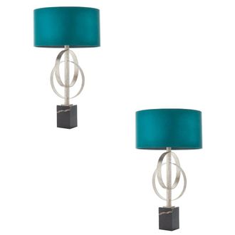 Loops 2 PACK Antique Silver Table Lamp & Teal Satin Shade Black Marble Base Desk Light