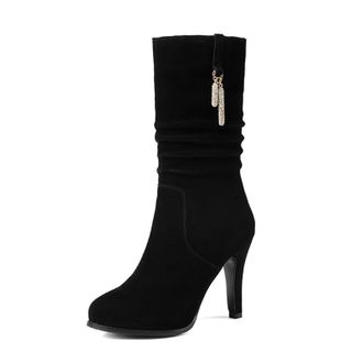 Generic Womens Mid-Calf Slouch Boots Suede-Like Fabric Glitter Tassel Detail Round Toe Stiletto Heels Side Zipper Stylish Comfortable Durable Design,Black,3.5