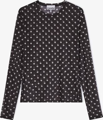 Ganni Printed Sheer Long-sleeve Top - Size 34 Black