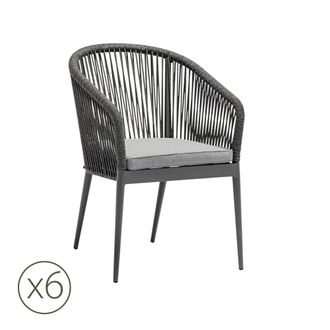 Kerama Pack de 6 sillas de jardin de aluminio antracita y cuerda con coj&iacute;n