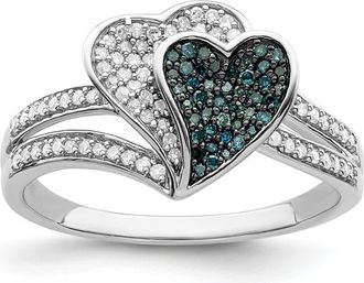 Diamond2Deal Sterling Silver Rhodium-plated Blue and White Diamond Hearts Engagement Ring