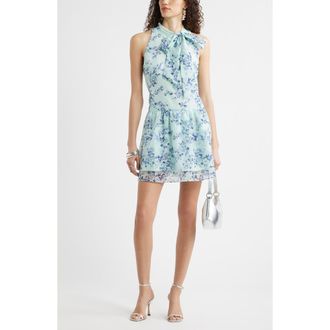 Chelsea28 Tie Neck Tiered Minidress in Blue Rococo Floral at Nordstrom, Size Xx-Small
