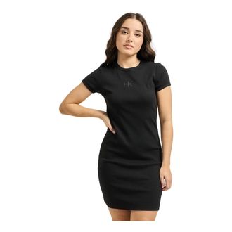 Calvin Klein Monologo Baby Rib Dress - female - Calvin Klein - Short Dresses - Black - XS - Dresses