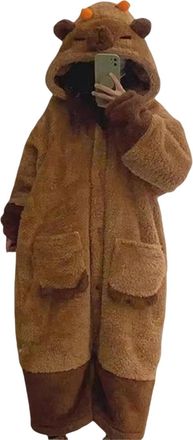 Generic Capybara Costume Capybara Onesie Hooded Animal Onesie Adult Pyjamas Flannel Fleece Pyjamas Women Cosplay One Piece Sleepwear Gown Homewear Mens Onesie