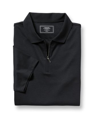 CHARLES TYRWHITT Zip-Neck Jersey Cotton Polo - Black Size Large by Charles Tyrwhitt