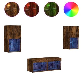 Berkfield Home 4 Piece TV Wall Cabinets with LED Lights Smoked Oak in Brown